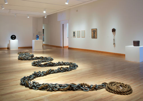 Foreground: Maren Hassinger, "River," 2011; background: two works by Fred Eversley; right wall: works by Charles Gaines, David Hammons, Senga Nengudi, and Houston Conwill. Installation view at Williams College Museum of Art, Williamstown, MA
