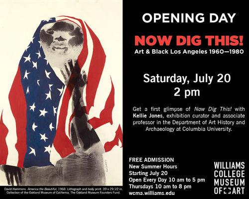 Design for invitation to opening day of "Now Dig This!" on July 20, 2013, featuring David Hammons, "<em>America the Beautiful</em>," 1968. Williams College Museum of Art, Williamstown, MA