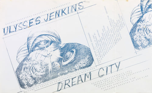 Announcement for Ulysses Jenkins's "Dream City" performance at Espace DBD, Los Angeles, 1981, which also featured Maren Hassinger and Senga Nengudi, among others