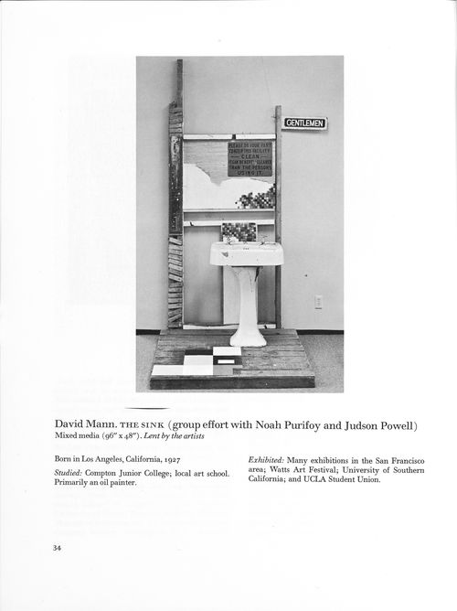 Page from the catalogue for the exhibition "The Negro in American Art," Dickson Art Gallery, UCLA, 1966, showing David Mann’s "The Sink," a collaborative piece made with Noah Purifoy and Judson Powell for the exhibition "66 Signs of Neon"