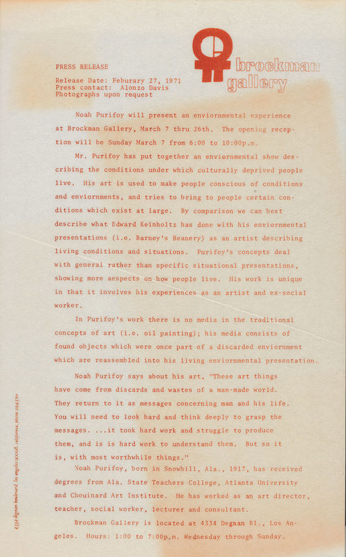 Brockman Gallery press release: Noah Purifoy, 1971