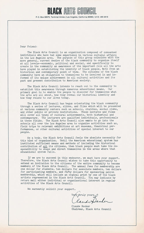 Letter from Claude Booker, chairman of the Black Arts Council, Los Angeles, describing the organization and asking for membership support, 1960s