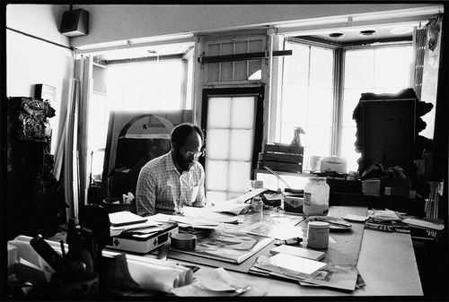 Dale Brockman Davis in the studio he shared with his brother, Alonzo Davis, next door to Brockman Gallery, 1970s