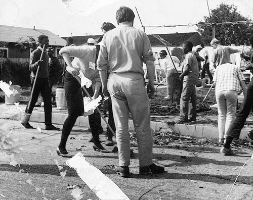 Group with shovels at "Operation Teacup,"an Easter week cleanup organized by the Student Committee for Improvement in Watts, April 1965