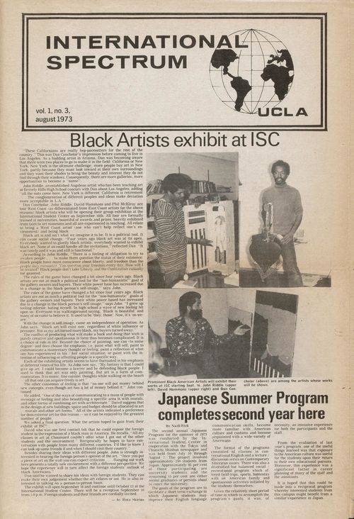 "International Spectrum", newspaper of UCLA, vol. 1, no. 3 (August 1973), with an article featuring Dan Concholar, David Hammons, and John T. Riddle Jr.