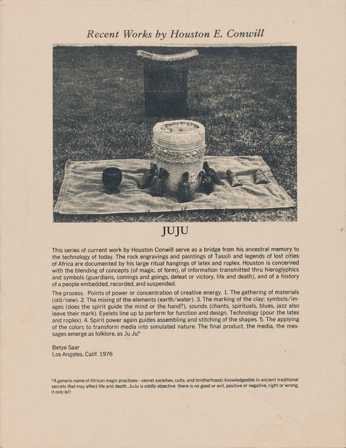 Brochure for Houston Conwill's exhibition "JuJu" at Samella Lewis's space The Gallery, with text by Betye Saar, 1976