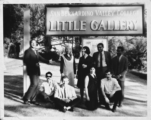Artists in the "Yes on 10" exhibition at Little Gallery, San Bernardino Valley College, 1964, including Melvin Edwards (far left), Virginia Jaramillo (standing, third from left), Daniel LaRue Johnson (standing, second from right), and Ron Miyashiro (far right)