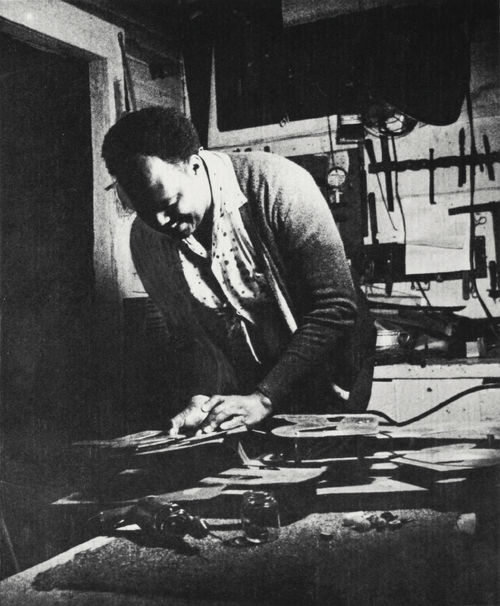 Photograph of George Clack from announcement for Samella Lewis and George Clack exhibition at Brockman Gallery, Los Angeles, 1969