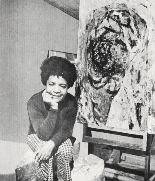 Photograph of Samella Lewis from announcement for Samella Lewis and George Clack exhibition at Brockman Gallery, Los Angeles, 1969