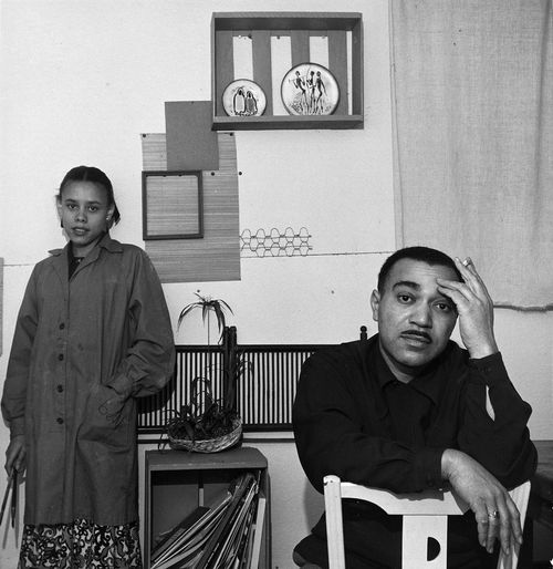 Betye Saar (née Brown) and Curtis Tann in the office space of their decorative arts business Brown and Tann, 1951