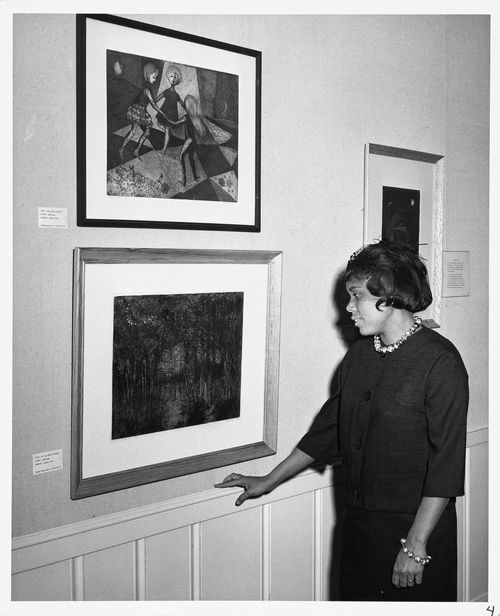Beyte Saar at a group exhibition at the Palos Verdes Library Galley, Palos Verdes, California, 1961