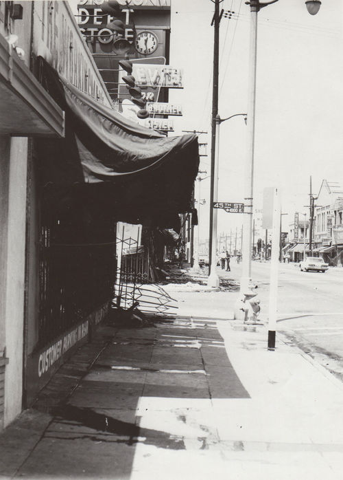 Storefront during Watts rebellion, Los Angeles, August 1965
