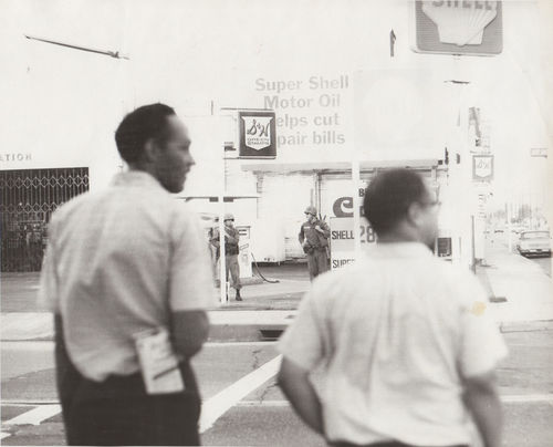 Daniel LaRue Johnson (left) and an unidentified man during the Watts rebellion, Los Angeles, August 1965