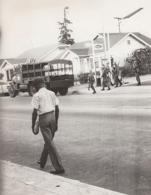 Army on street during Watts rebellion, Los Angeles, August 1965