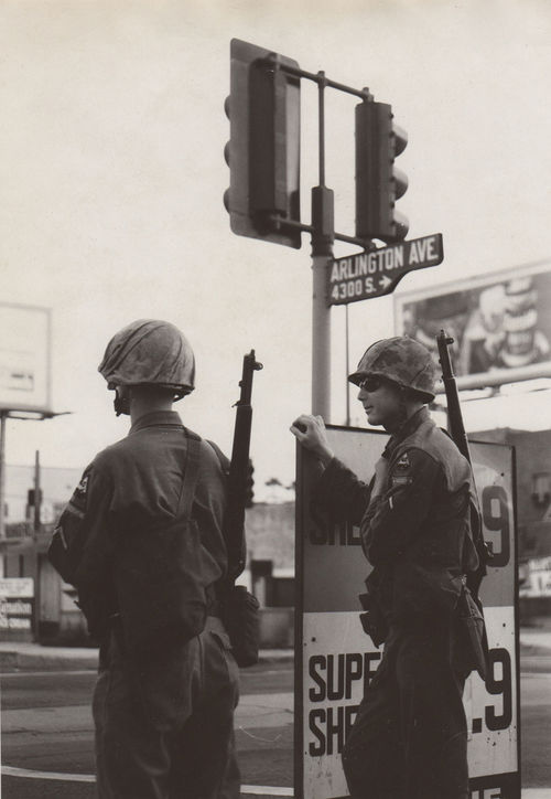 Soldiers on Arlington Avenue during Watts rebellion, Los Angeles, August 1965