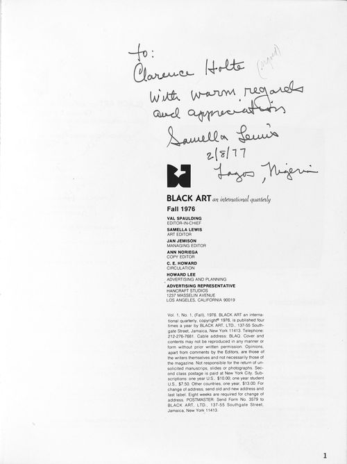 "Black Art: An International Quarterly," vol. 1, no. 1 (Fall 1976). Samella Lewis inscribed the journal while in Lagos, Nigeria, where she was one of the organizers of FESAC '77, the Second World Black and African Festival of Arts and Culture in 1977