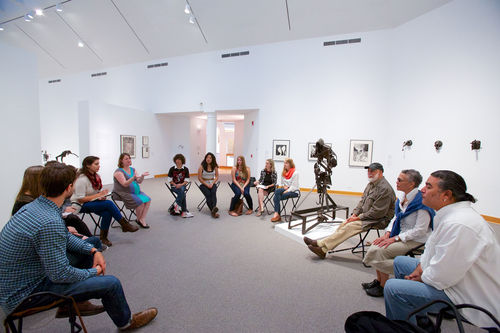 Students speak with artists Alonzo Davis, Maren Hassinger, and Ian White (at right) at the Williams College Museum of Art, September 19, 2013