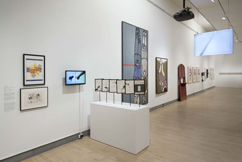 Resistance and Fear gallery. Foreground, from left to right: works by Margarita Paksa, Regina Silveira, and Sonia Gutiérrez. Installation view at Brooklyn Museum, New York
