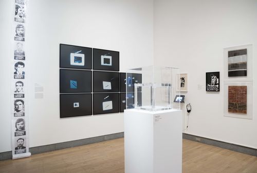 Resistance and Fear gallery. Foreground, on pedestal: Margarita Paksa, Silencio II (Silence II), 1967; on wall, from left to right: works by Luz Donoso, Iole de Freitas, Nelbia Romero, and Ana Vitória Mussi. Installation view at Brooklyn Museum, New York
