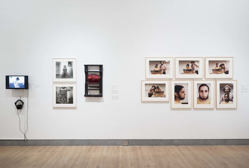 Mapping the Body gallery. From left to right: Antonieta Sosa, A través de mis sillas (Through my chairs), 1978, three untitled works by Liliana Maresca, and Ana Mendieta, Untitled (Facial Hair Transplants), 1972. Installation view at Brooklyn Museum, New York
