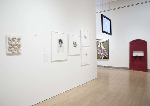 Mapping the Body gallery. Foreground wall, from left to right: Amelia Toledo, Sorriso do menina (Girl's Smile), 1976, and As paredes tem ouvidos (The walls have ears), 1975, and four untitled works by Liliana Porter. Installation view at Brooklyn Museum, New York
