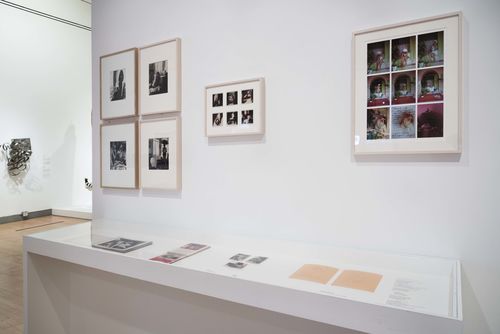 The Erotic gallery. On wall, from left to right: Kati Horna, four untitled photographs from the series Oda a la necrofilia (Ode to necrophilia), 1962, Isabel Castro, X Rated Bondage, 1980, and Delfina Bernal, Declaración de amor a Jeff Perrone (Love letter to Jeff Perrone), 1979; in vitrine: works by Márcia X.
 and Alex Hamburger, and Cecilia Vicuña. Installation view at Brooklyn Museum, New York
