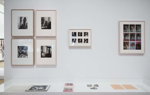 The Erotic gallery. On wall, from left to right: Kati Horna, four untitled photographs from the series Oda a la necrofilia (Ode to necrophilia), 1962, Isabel Castro, X Rated Bondage, 1980, and Delfina Bernal, Declaración de amor a Jeff Perrone (Love letter to Jeff Perrone), 1979; in vitrine: works by Márcia X. and Alex Hamburger, and Cecilia Vicuña. Installation view at Brooklyn Museum, New York
