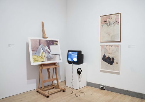 The Erotic gallery. From left to right: Karen Lamassonne, Ruido (Noise), 1984, and two works from the series Baños (Bathrooms). Installation view at Brooklyn Museum, New York
