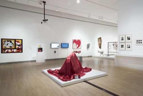 The Erotic gallery. Center, on floor: Feliza Bursztyn, Cama (Bed), 1974. Installation view at Brooklyn Museum, New York
