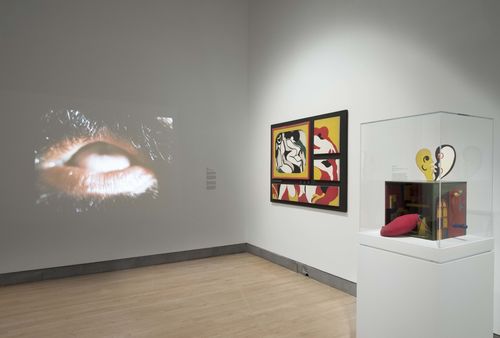 The Erotic gallery. From left to right: Lygia Pape, Eat Me, 1975, and Teresinha Soares, Muera usando las legítimas alpargatas (Die wearing the legitimate espadrilles), 1968, and Caixa de fazer amor (Lovemaking Box), 1967. Installation view at Brooklyn Museum, New York
