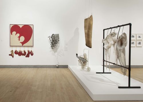 "The Erotic" gallery. From left to right: Delia Cancela, Corazón destrozado (Destroyed Heart), 1964, Feliza Bursztyn, La Histérica (The Hysterical One), 1968, Dalila Puzzovio, Escape de gas (Gas Leak), 1963, Marta Palau, Ilerda V, 1973, and Johanna Hamann, Barrigas (Bellies), 1979–83. Installation view at Brooklyn Museum, New York
