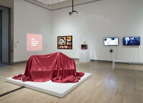 The Erotic gallery. Center, on floor: Feliza Bursztyn, Cama (Bed), 1974. Installation view at Brooklyn Museum, New York
