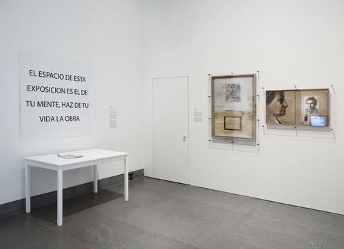The Power of Words gallery. From left to right: Gloria Gómez-Sánchez, Sin título (Untitled), 1970, and Roser Bru, Cal-Cal Viva (Lime-quicklime), 1978, and Gabriela Mistral, 1983. Installation view at Brooklyn Museum, New York
