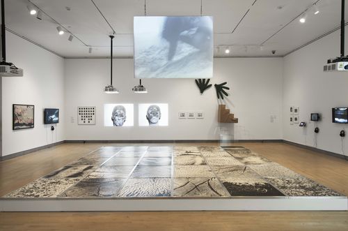 Body Landscape gallery. Foreground, on floor: Vera Chaves Barcellos, Epidermic Scapes, 1977/1982; projected on suspended screen: Silvia Gruner, Arena (Sand), 1986. Installation view at Brooklyn Museum, New York
