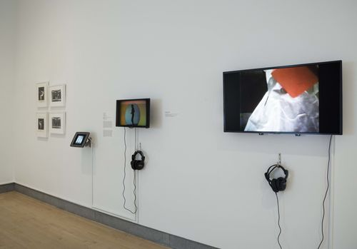 Body Landscape gallery. From left to right: Sylvia Palacios Whitman, Sling Shot, 1975, Marilú Marini and Ana Kamien, Danse Bouquet, 1965, and Margarita Paksa, Tiempo de descuento. Cuenta regresiva. La hora 0. (Discount time. Countdown. Zero hour), 1978. Installation view at Brooklyn Museum, New York
