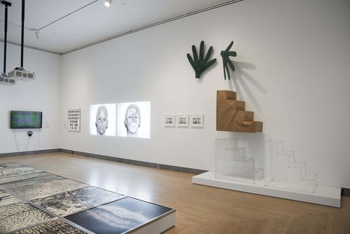 Body Landscape gallery. Foreground, on floor: Vera Chaves Barcellos, Epidermic Scapes, 1977/1982; on wall, from left to right: works by Pola Weiss, Yeni y Nan, and Sylvia Palacios Whitman. Installation view at Brooklyn Museum, New York
