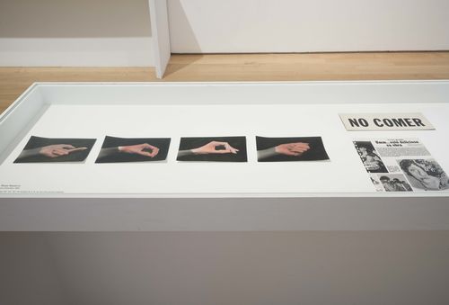 Self-Portrait gallery. From left to right: Rosa Navarro, Letras R, O, S, A (Letters “R,” “O,” “S,” “A”) from the series Lenguaje de los sordomudos (Sign language), 1981, and María Teresa Cano, No Comer, and newspaper clipping of the performance Yo servida a la mesa (Me, served as a meal), 1981–83. Installation view at Brooklyn Museum, New York
