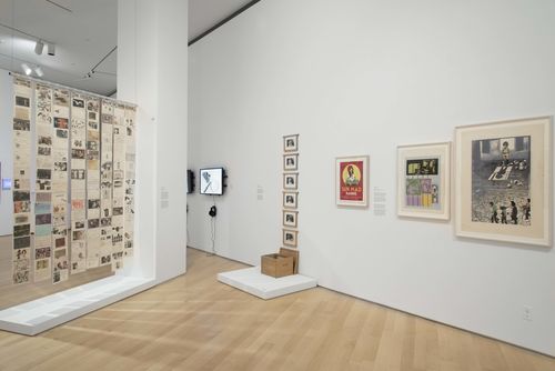 Social Places gallery. Foreground, from left to right: Graciela Gutiérrez Marx, Grupo de familia, Reconstrucción del mito (Family Group, Reconstruction of the Myth), 1980, Celia Alvarez Muñoz, La Honey (Enlightenment #9), 1983, Ester Hernández, Sun Mad, 1982, and Nirma Zárate, A nosotros (To us), and Una niña muere por inanición (A girl dies of starvation), 1971. Installation view at Brooklyn Museum, New York
