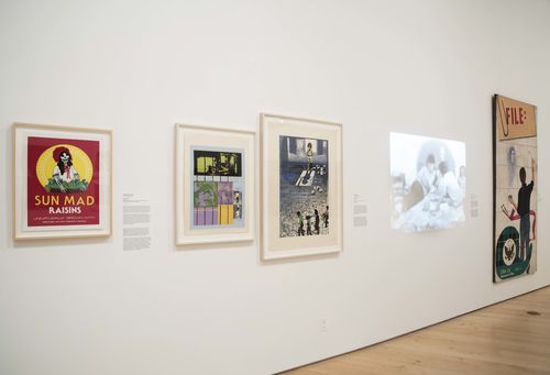 Social Places gallery. From left to right: Ester Hernández, Sun Mad, 1982, Nirma Zárate, A nosotros (To us), and Una niña muere por inanición (A girl dies of starvation), 1971, Poli Marichal, Los espejismos de Mandrágora Luna (Mandrágora Luna's phantoms), 1986, and Barbara Carrasco, Censorship, 1984. Installation view at Brooklyn Museum, New York
