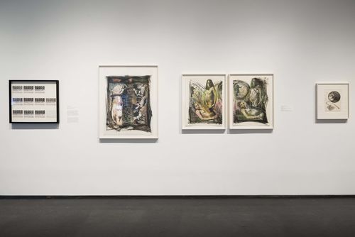 Feminisms gallery. From left to right: Mónica Mayer, Lo normal (Quiero hacer el amor) (The normal [I want to make love]), 1978, Josely Carvalho, The Birth, 1981, and Waiting, 1982, and Barbara Carrasco, Pregnant Woman in a Ball of Yarn, 1978. Installation view at Brooklyn Museum, New York
