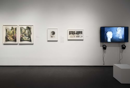Feminisms gallery. From left to right: Josely Carvalho, Waiting, 1982, Barbara Carrasco, Pregnant Woman in a Ball of Yarn, 1978, Carla Rippey, La edad de las ilusiones (The age of illusions), 1984, and María Luisa Bemberg, El mundo de la mujer (Woman's world), 1972. Installation view at Brooklyn Museum, New York
