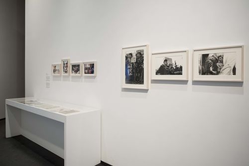 Feminisms gallery. On wall, from left to right: Mónica Mayer, El tendedero (The Clothesline), 1979, and Yolanda Andrade, Las protestantes (The demonstrators), 1984, Marcha gay (Gay pride march), 1984, and Terry Holiday y Federico, 1978. Installation view at Brooklyn Museum, New York
