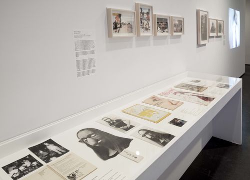 Feminisms gallery. In vitrine: works by Polvo de Gallina Negra, Maria Bustamante, Mónica Mayer, Barbara Carrasco, and Carla Rippey. Installation view at Brooklyn Museum, New York
