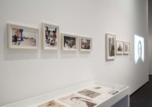Feminisms gallery. On wall, from left to right: Mónica Mayer, El tendedero (The Clothesline), 1979, Yolanda Andrade, Las protestantes (The demonstrators), 1984, Marcha gay (Gay pride march), 1984, and Terry Holiday y Federico, 1978, and Patricia Restrepo, Por la mañana (In the Morning), 1980. Installation view at Brooklyn Museum, New York
