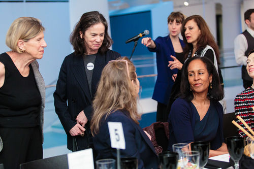 Guests, including Hammer Museum chief curator Connie Butler (standing at center) and Ford Foundation Director of Creativity and Free Expression Margaret Morton (seated, right), at luncheon reception honoring Radical Women. Brooklyn Museum, April 12, 2018
