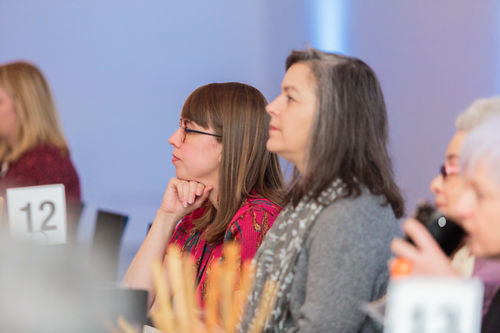 Assistant curator Carmen Hermo (left) and artist Poli Marichal (right) at the luncheon reception honoring Radical Women. Brooklyn Museum, April 12, 2018