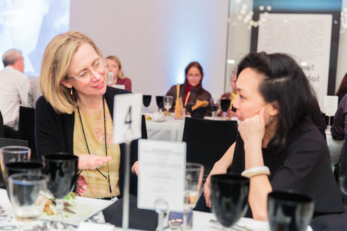 Curator Catherine Morris (left) and guest at the luncheon reception honoring Radical Women. Brooklyn Museum, April 12, 2018
