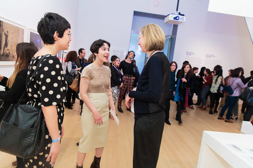Curator Catherine Morris (right) and guests in gallery during the opening of Radical Women. Brooklyn Museum, April 12, 2018
