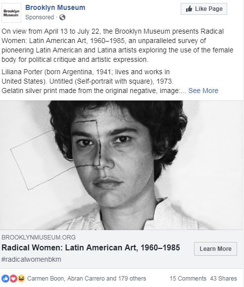 Facebook advertisement featuring Liliana Porter, Untitled (self-portrait with square), 1973. Brooklyn Museum
