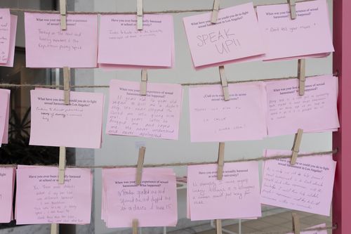 Mónica Mayer, El tendedero (The Clothesline), 1978/2017 (detail). Installation view at the Hammer Museum, Los Angeles

